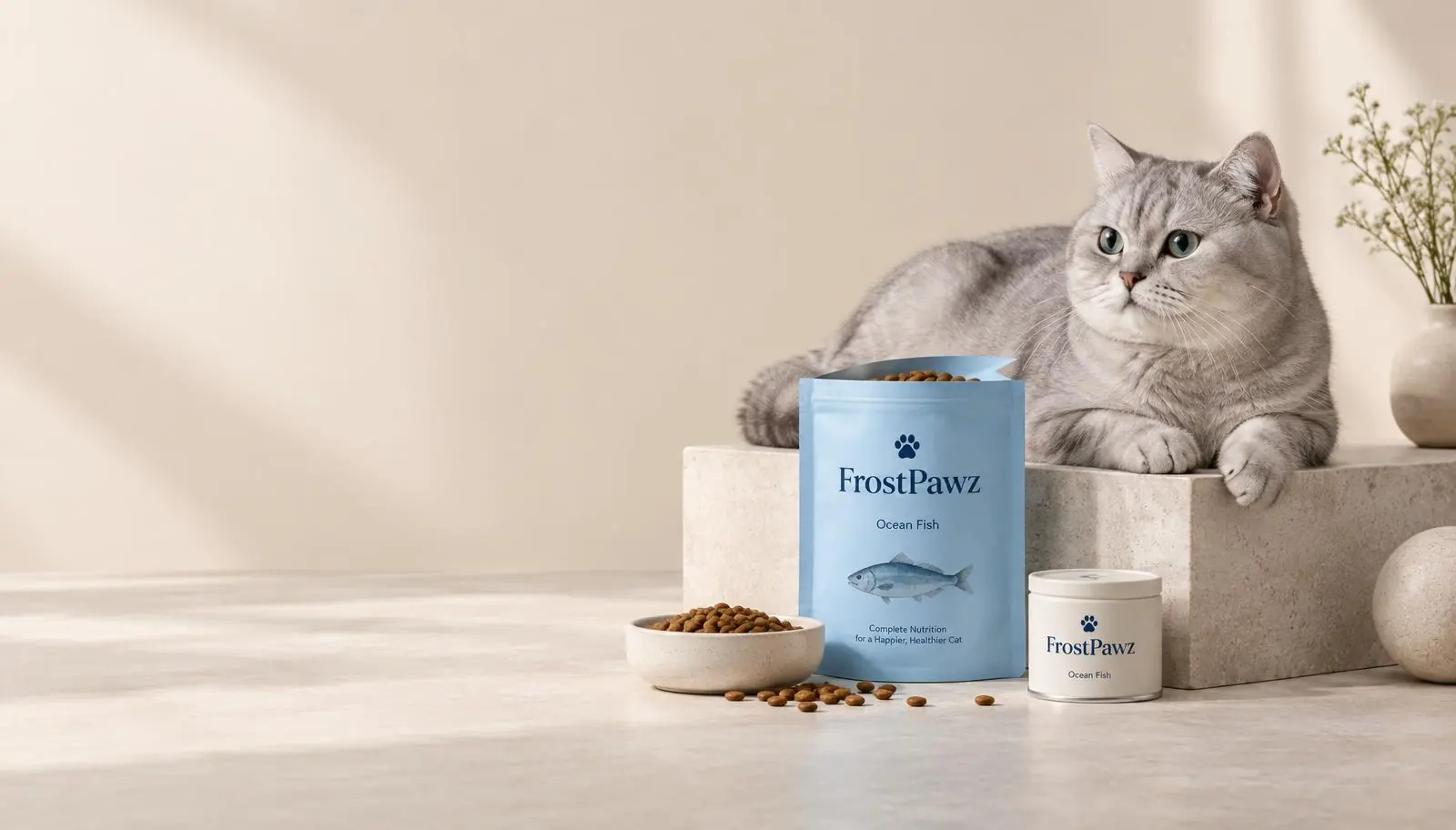 Silver cat beside FrostPawz Ocean Fish food