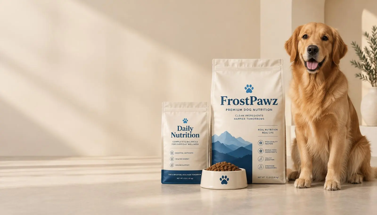 Golden retriever beside FrostPawz dog nutrition packs