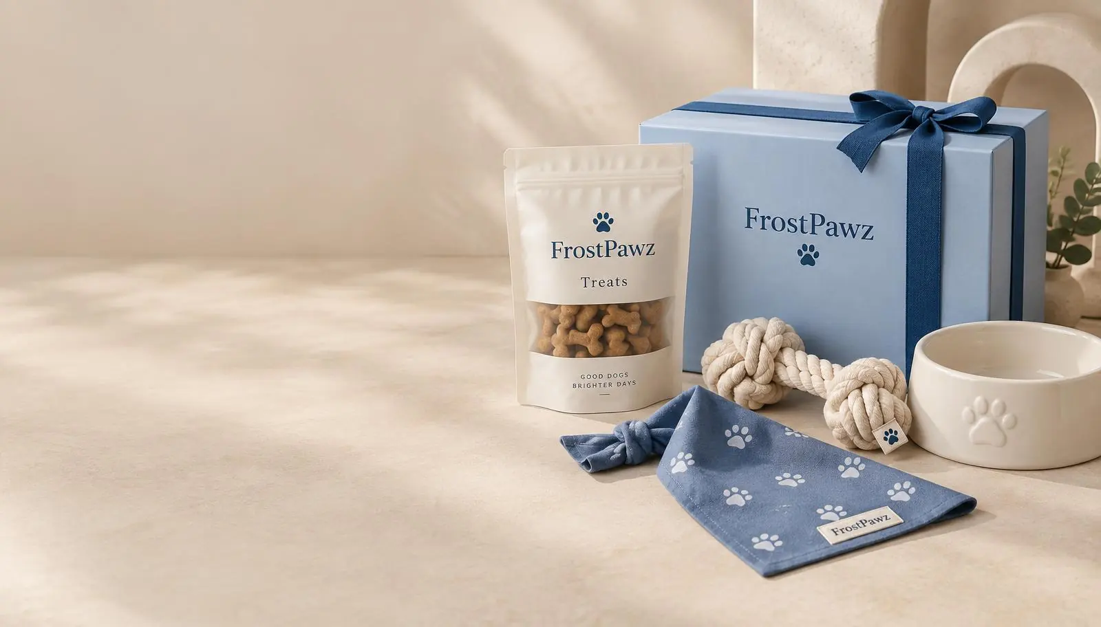 FrostPawz gift box, treats, bandana, toy and bowl