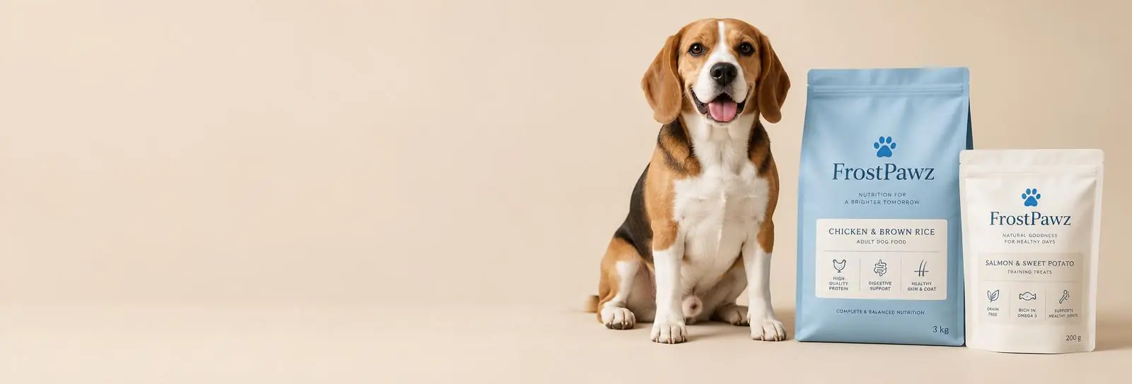 Beagle with FrostPawz Nutrition packs