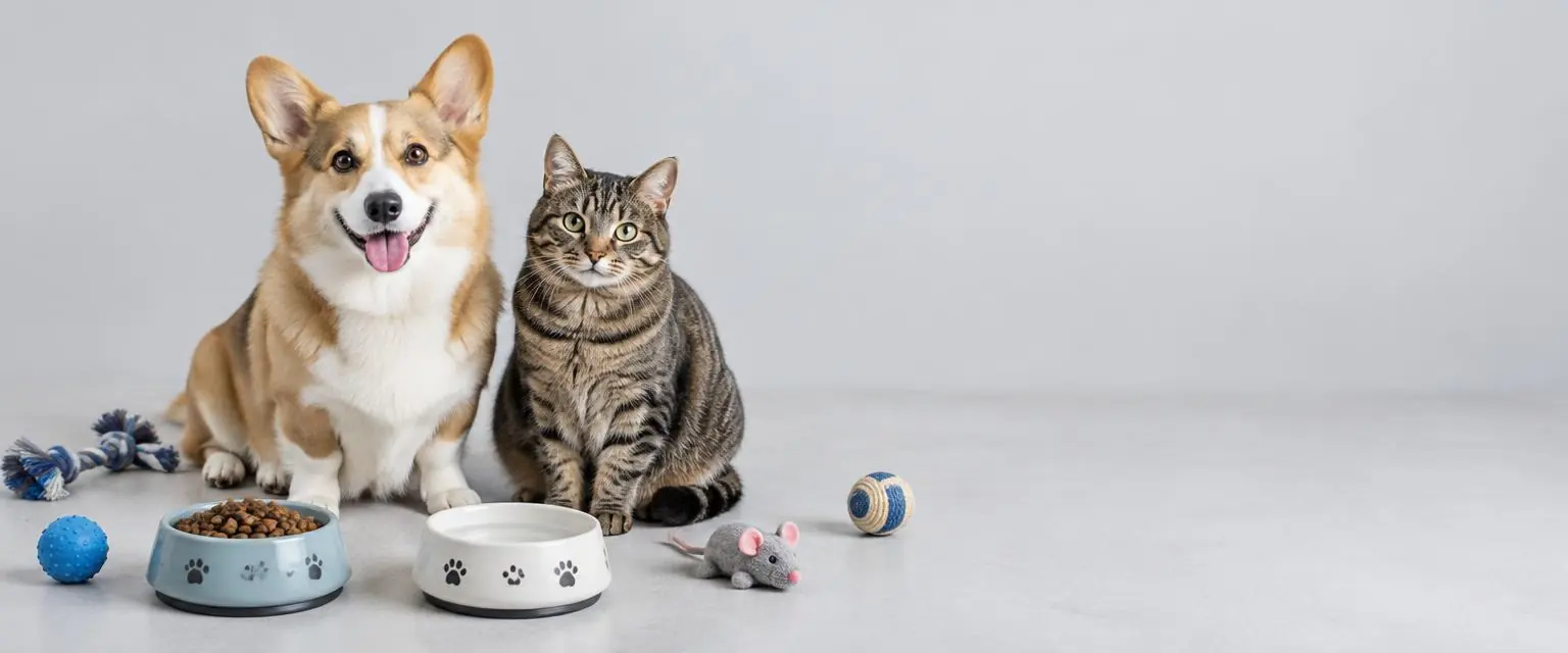 Corgi and tabby cat with FrostPawz bowls and toys