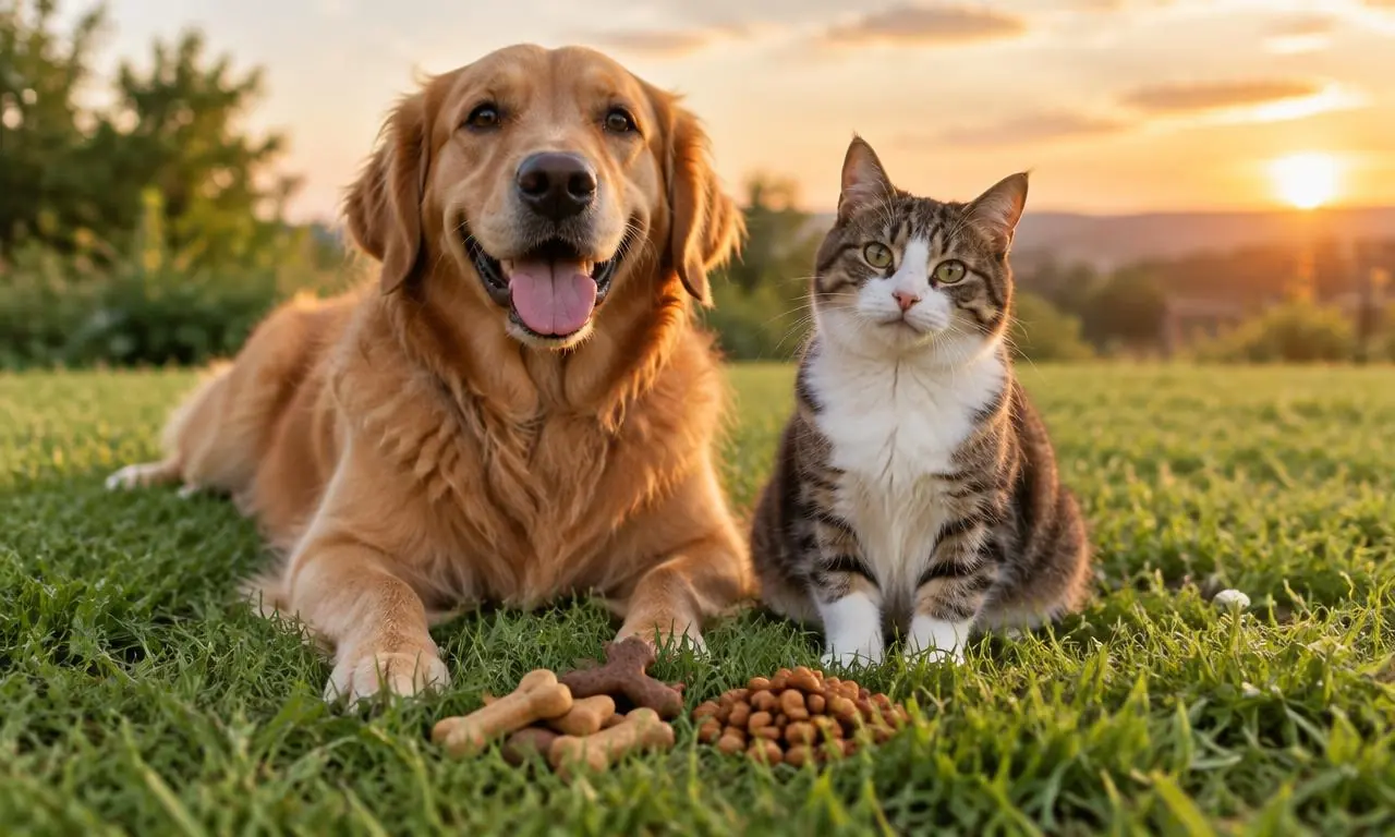 Golden retriever and cat on grass with treats